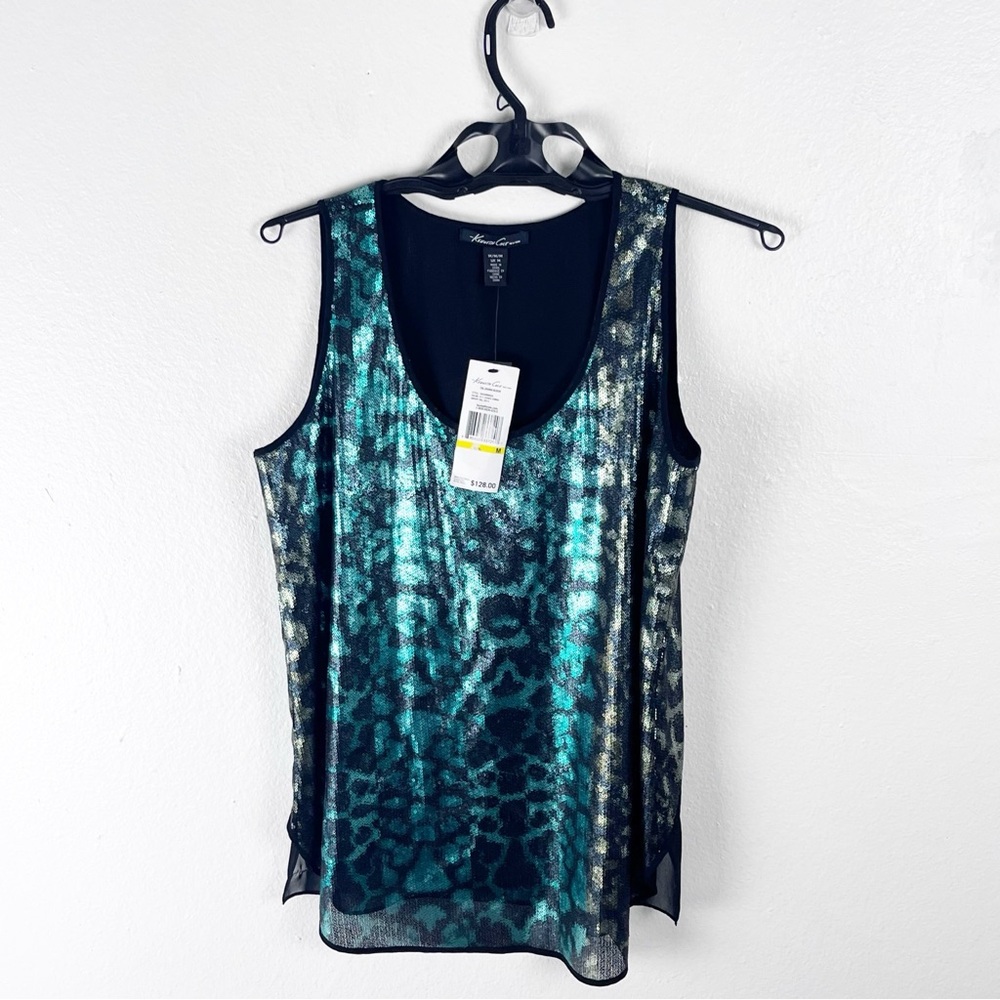 KENNETH COLE The Zaharia Faux Snakeskin Print Scoop Neck Sheer Back Top Medium